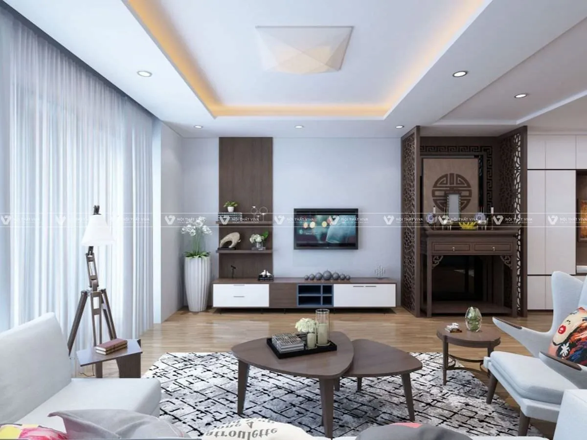 Kệ tivi kết hợp bàn thờ trong căn hộ chung cư hiện đại