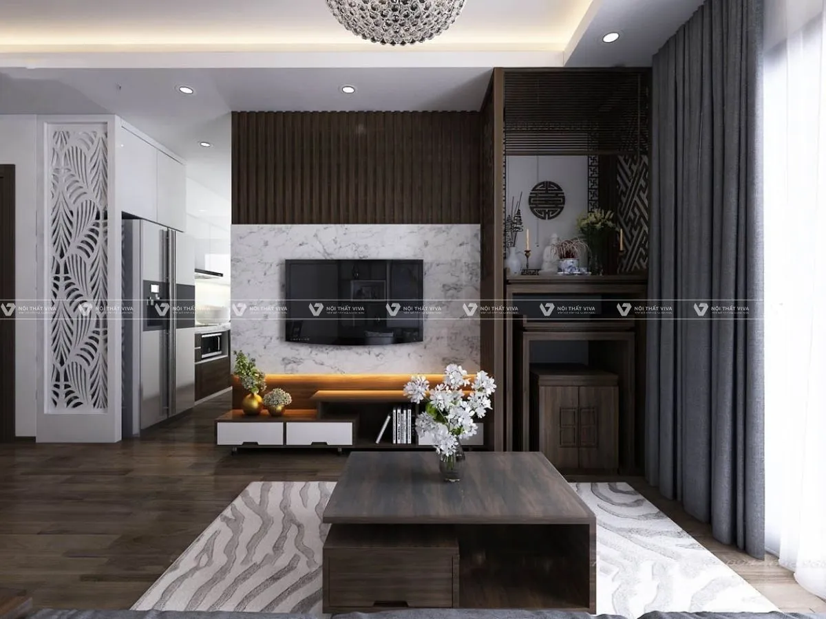 Bố trí ánh sáng cho kệ tivi kết hợp bàn thờ