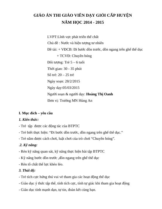 Giáo Án Đi Bước Dồn Ngang Trên Ghế Thể Dục Cho Trẻ 5-6 Tuổi