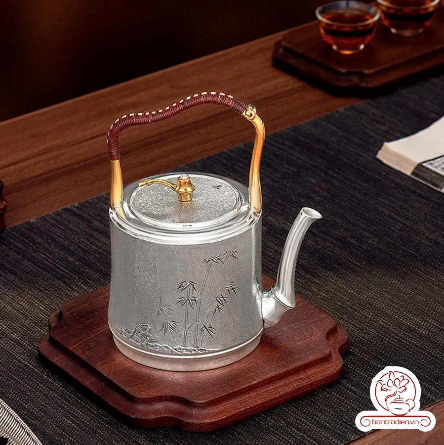 Ấm bạc đun nước pha trà nguyên chất chế tác thủ công AB601