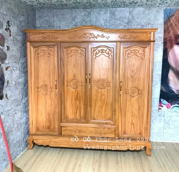 Tủ quần áo gỗ tự nhiên 5 cánh màu nâu đỏ với vân gỗ tự nhiên