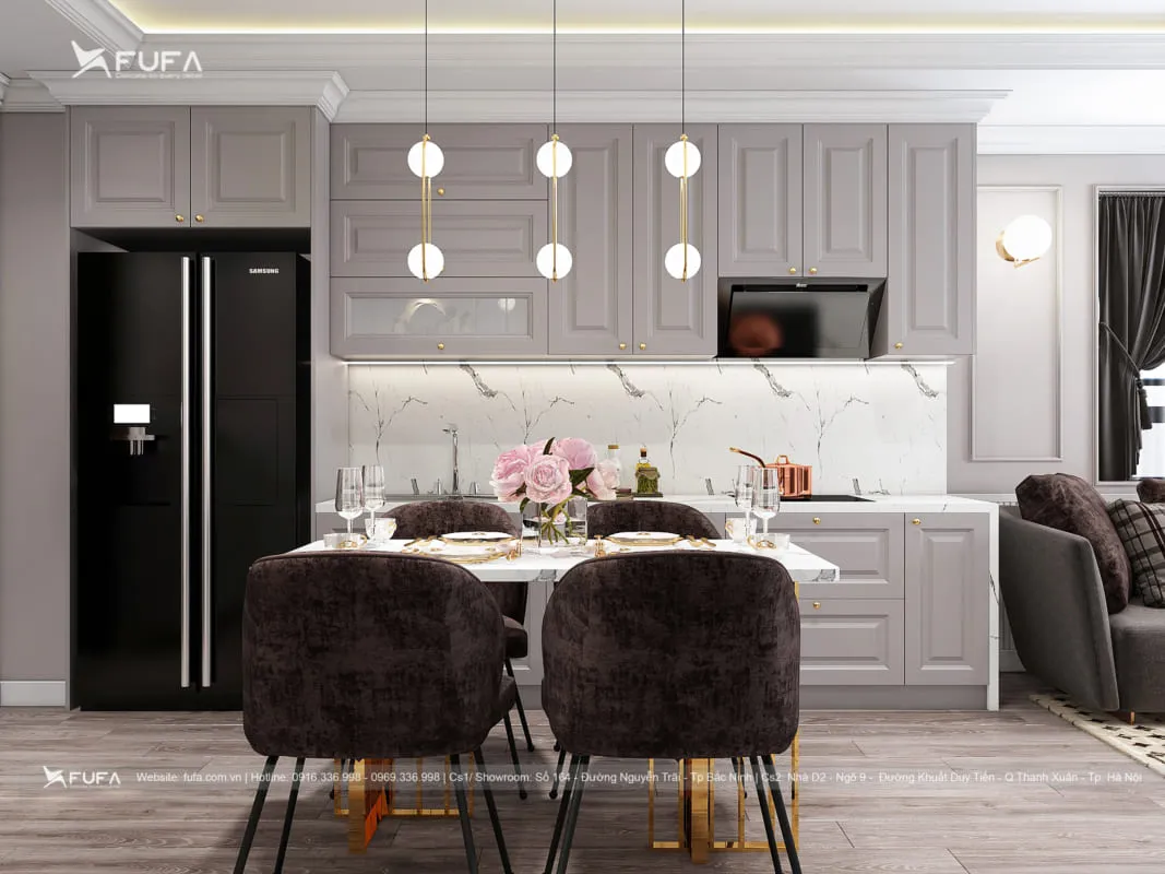 Thiết kế nội thất phòng khách hiện đại tại Bắc Ninh với gỗ sồi tự nhiên và kệ tivi treo tường