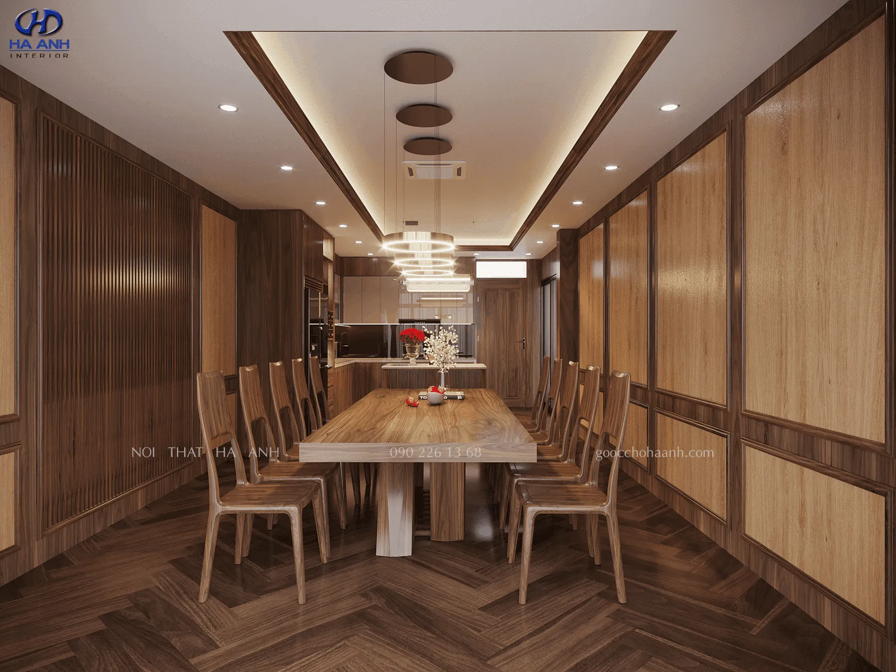 Bộ bàn ghế ăn gỗ óc chó nguyên khối phong cách hiện đại