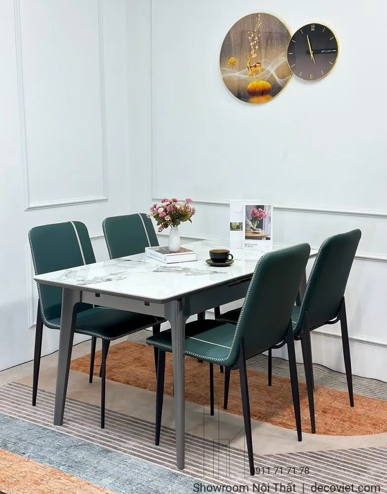 Bàn ăn 4 ghế kéo dài thông minh, mặt đá ceramic, chân gỗ tự nhiên