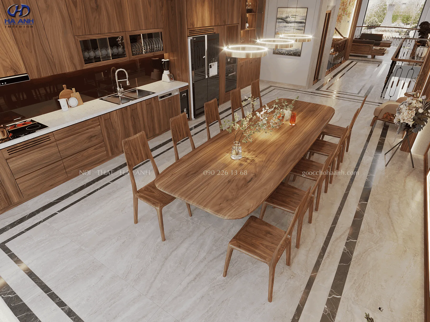 Bộ bàn ăn gỗ óc chó 6 ghế với thiết kế tinh xảo, đường nét mềm mại