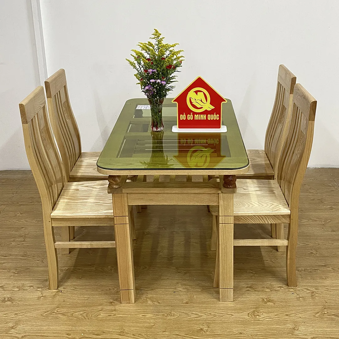 Bộ bàn ăn gỗ sồi 4 ghế 2 tầng thiết kế bo tròn tinh tế