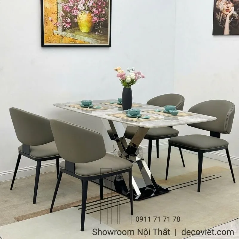 Bàn ăn 4 ghế chân inox mạ vàng, mặt đá cẩm thạch trắng, phong cách luxury
