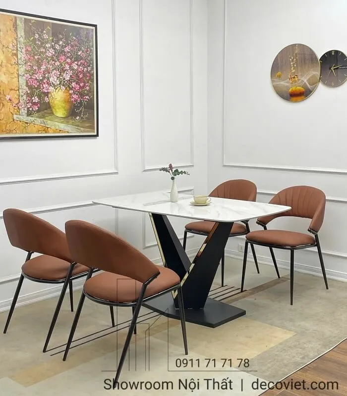 Bàn ăn 4 ghế chân sắt đen, mặt đá trắng, phong cách công nghiệp hiện đại