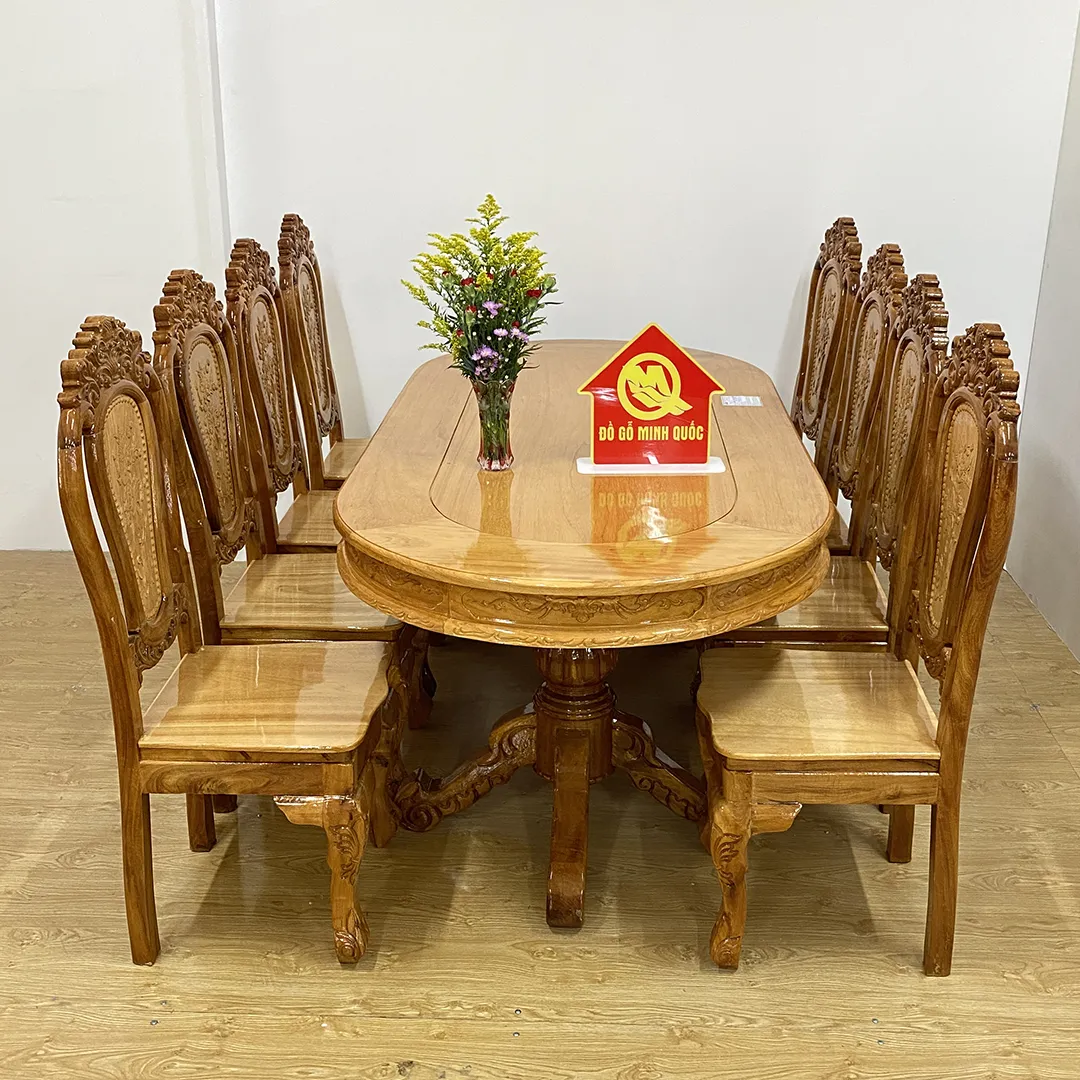 Thiết kế bàn ăn gỗ căm gõ cổ điển 8 ghế mặt oval