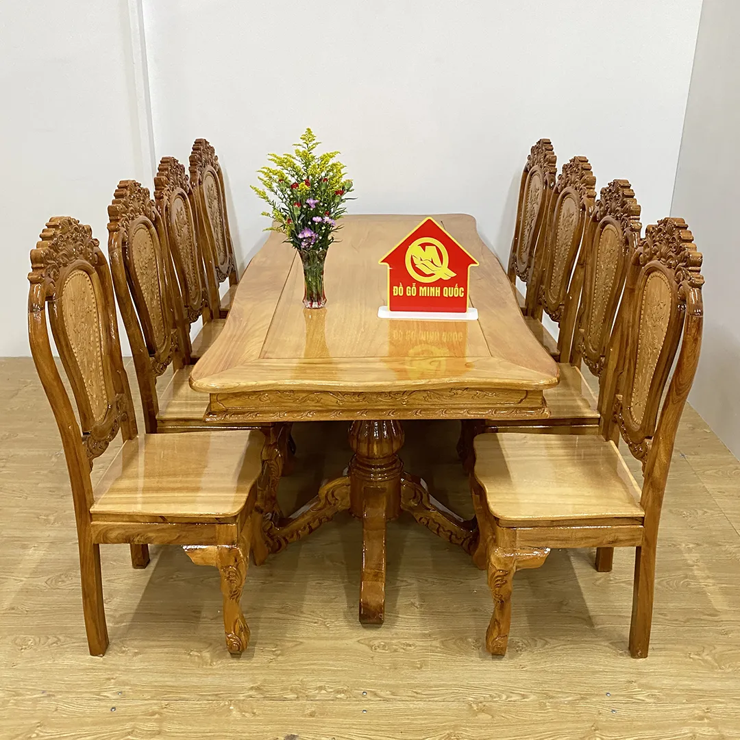 Bộ bàn ăn căm gõ 8 ghế phong cách cổ điển, đường cong tinh xảo