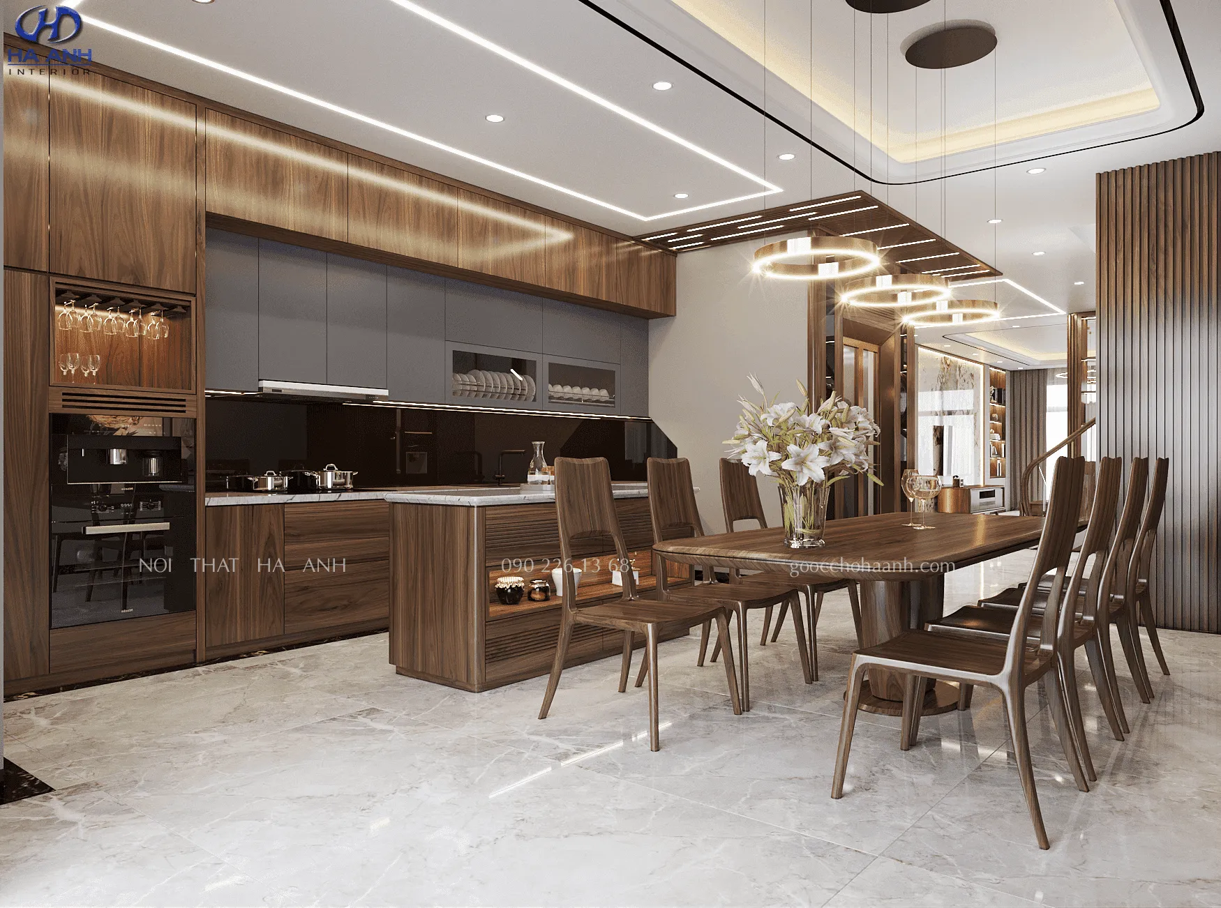 Bộ bàn ăn gỗ óc chó 8 ghế với thiết kế chân trụ độc đáo, tạo điểm nhấn