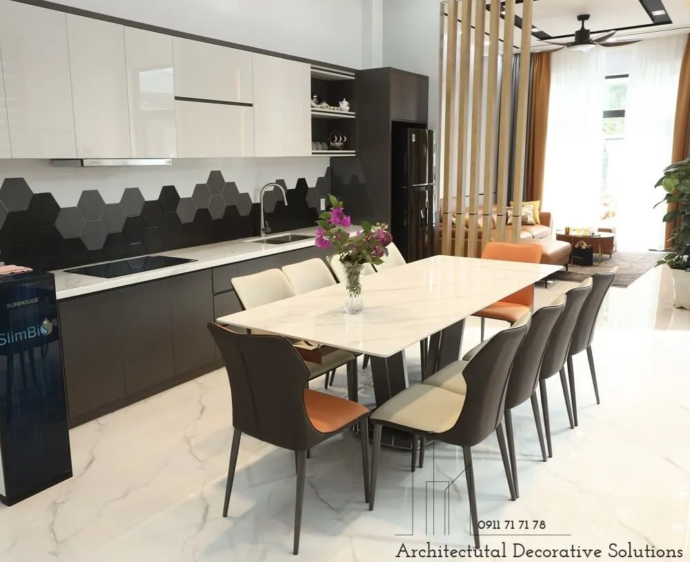 Bộ bàn ăn thông minh mặt đá 10 ghế kéo dài hiện đại