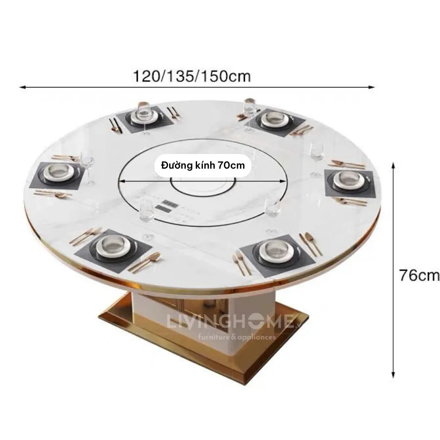 Gia đình 6-8 người ngồi thoải mái xung quanh bàn ăn tích hợp bếp từ