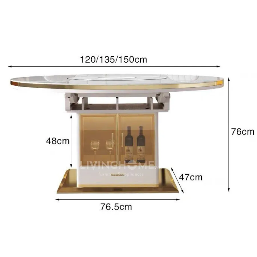 Chi tiết mặt bàn ăn tích hợp bếp từ và ghế ăn bọc da hiện đại