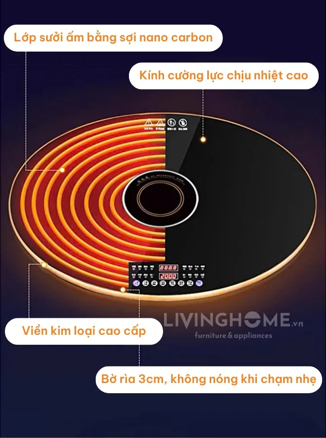 Bếp từ ẩn dưới mặt kính cường lực của bàn ăn tích hợp bếp từ