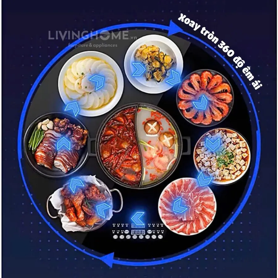 Linh hoạt xoay 360 độ trên mặt bàn ăn tích hợp bếp từ giúp bữa ăn tiện lợi hơn