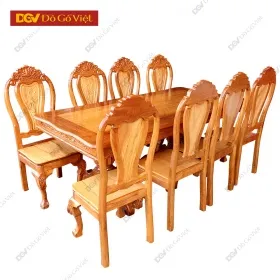 Bàn Ăn Căm Xe Mặt Gõ Chữ Nhật Cong 1m9 8 Ghế