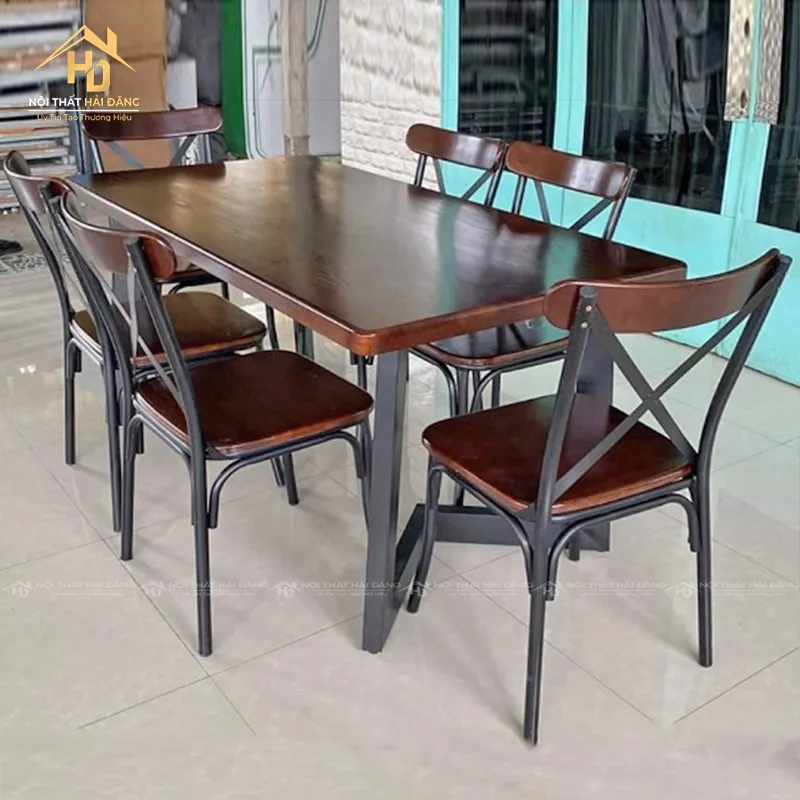 Bộ bàn ăn 6 ghế mặt gỗ chân sắt màu nâu cánh gián hiện đại