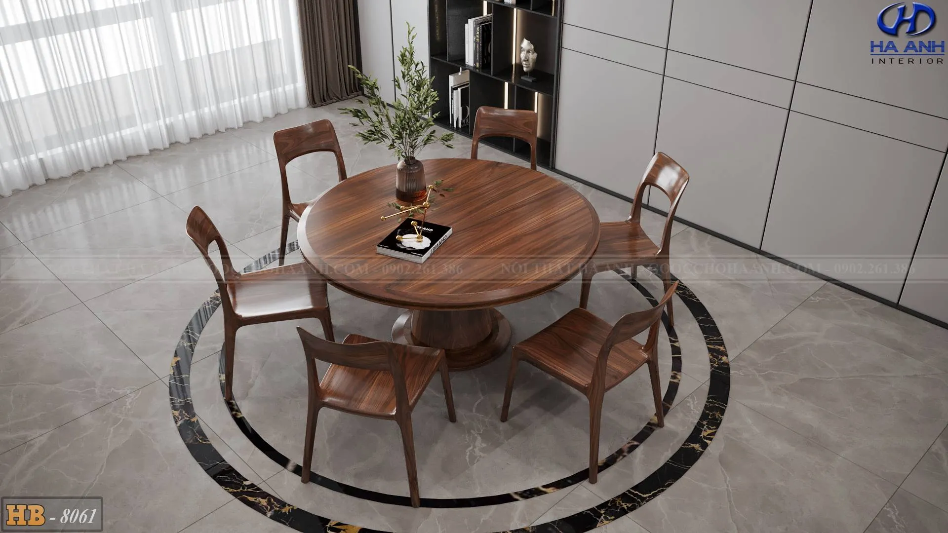 Mẫu bàn ăn gỗ óc chó tròn HB 8061 với chân trụ cách điệu, tối ưu hóa không gian