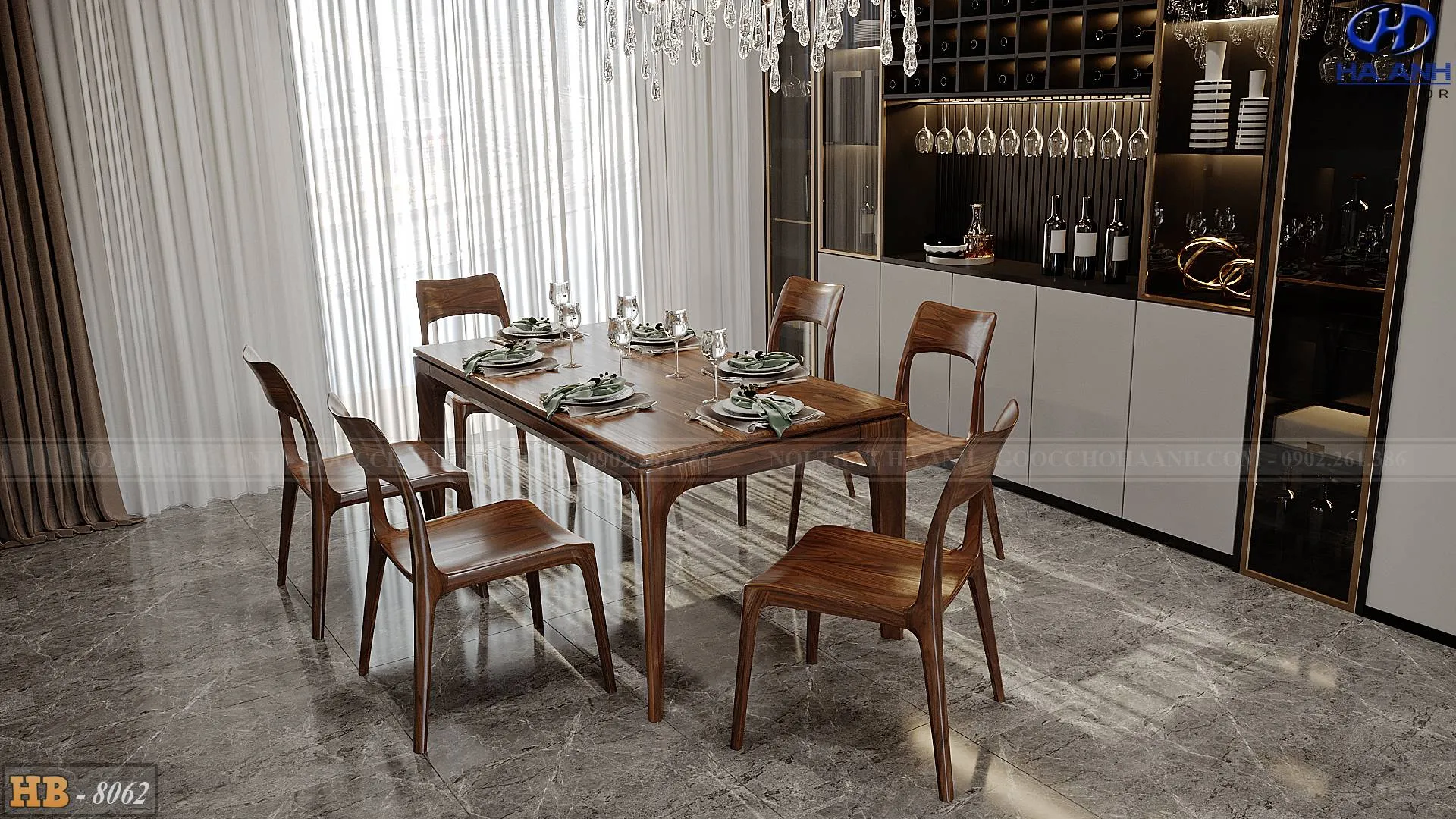 Bộ bàn ăn gỗ óc chó HB 8062 với thiết kế cổ điển, đường cong mềm mại