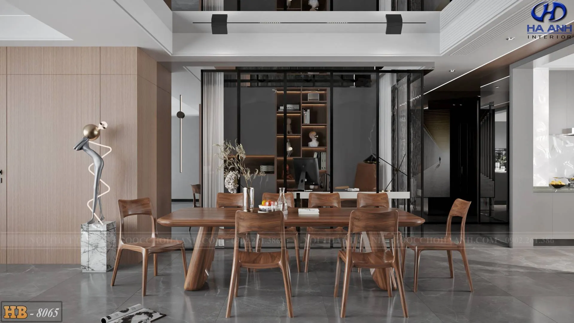 Bàn ăn gỗ óc chó HB 8065 với hệ thống ghế ngồi bọc da cao cấp, tạo sự thoải mái