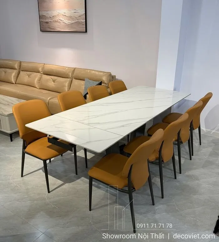Bàn ăn 6 ghế mặt đá Vicostone trắng kết hợp chân gỗ sồi Nga