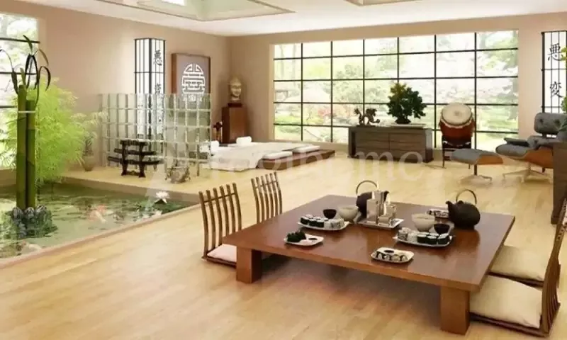 Mẫu bàn ăn ngồi bệt kiểu Nhật 4 ghế với đệm êm ái, thích hợp cho gia đình nhỏ