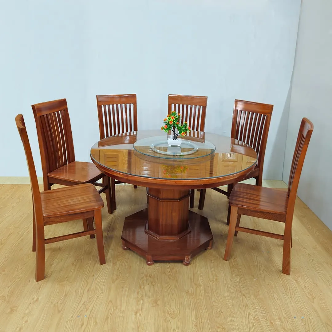 Bộ bàn ăn gỗ xoan đào kiểu tròn có mâm xoay hiện đại