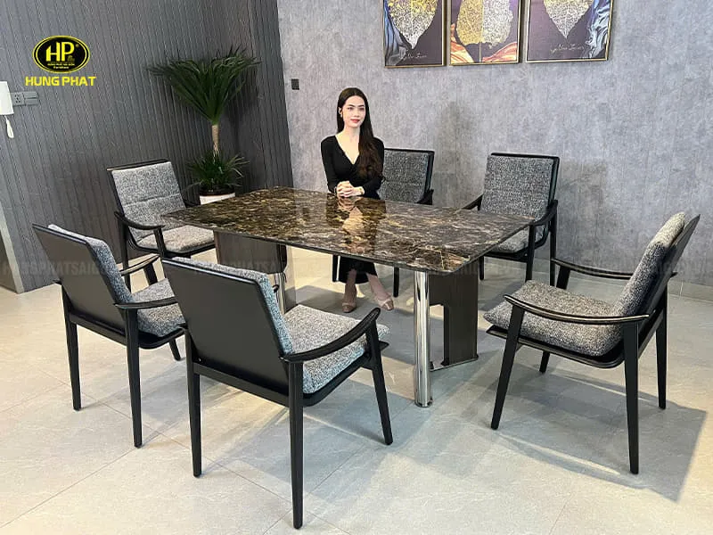 Bàn ăn mặt đá cẩm thạch BA-S9983 với chân inox mạ PVD