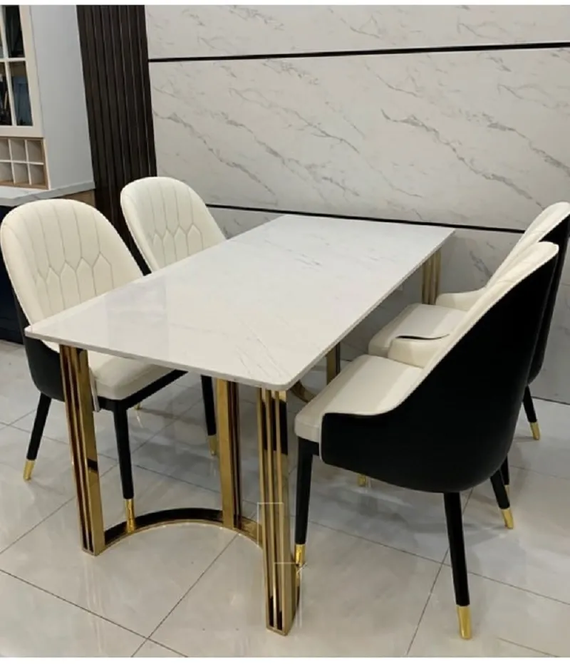 Bàn ăn mặt đá chân inox chắc chắn, bóng sáng và thân thiện môi trường