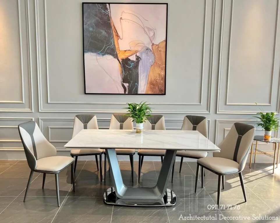 Bộ bàn ăn kéo dài mặt đá sang trọng với chân bàn kim loại hiện đại