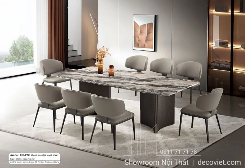 Cận cảnh kết cấu chân bàn làm từ inox mạ PVD và mặt đá cao cấp nhập khẩu