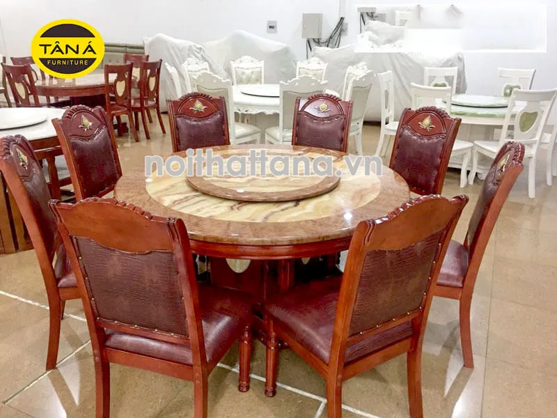 Bàn ăn mặt đá tròn mâm xoay tân cổ điển