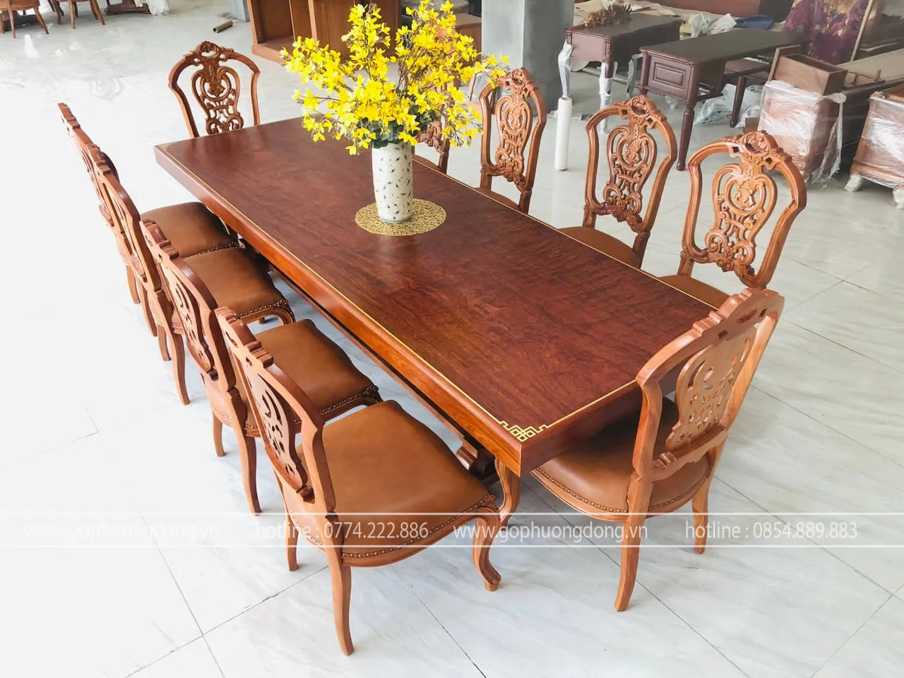 Bộ bàn ghế ăn tân cổ điển 10 ghế gỗ gõ đỏ bọc da