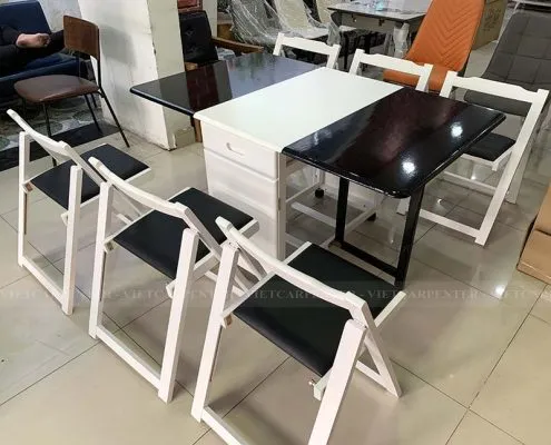 Bàn ăn thông minh 6 ghế xếp gọn gỗ tự nhiên