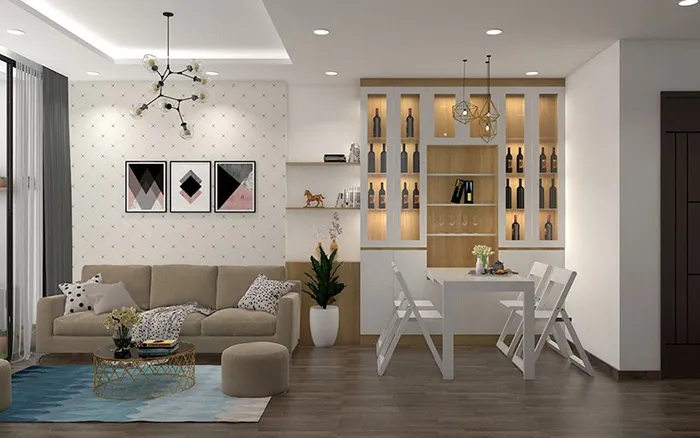 Bàn ăn gắn tường tone màu kem sang trọng trong không gian