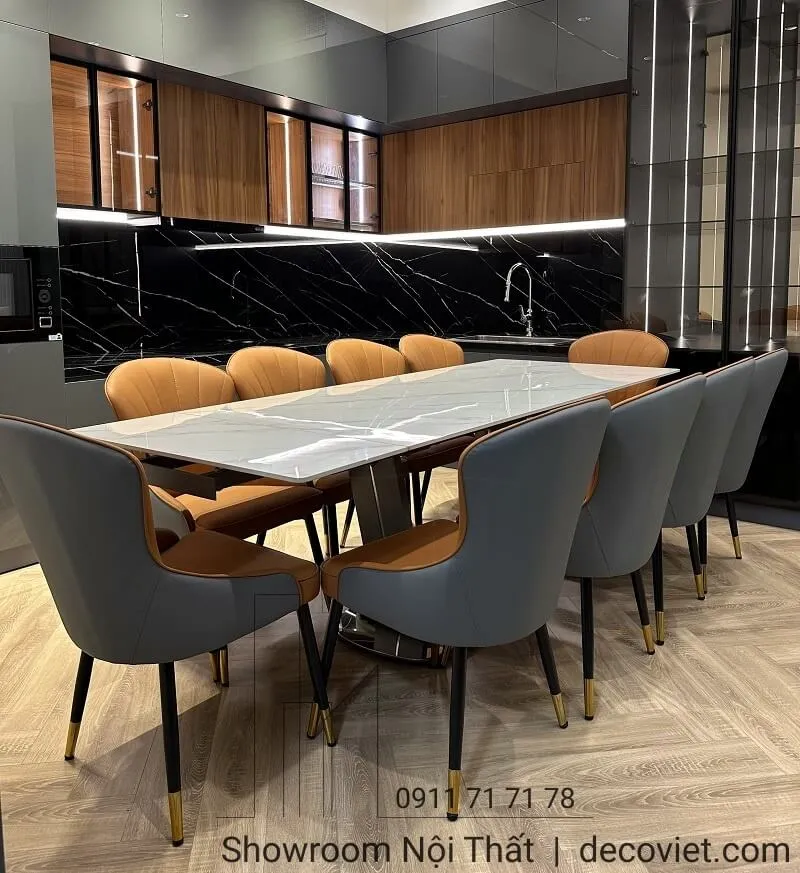 Bàn ăn kéo dài thông minh mặt đá 10 ghế, mở rộng linh hoạt không gian