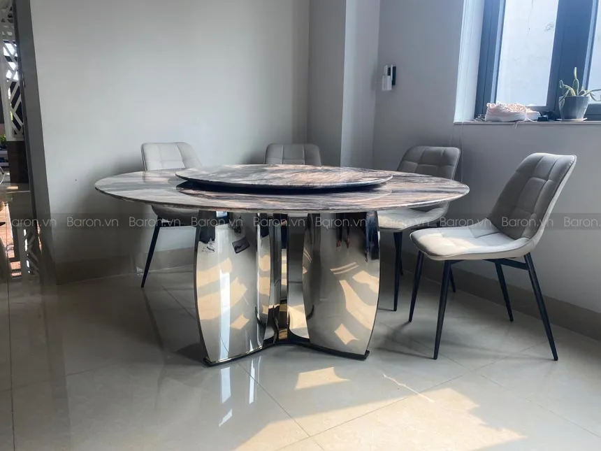 Bàn ăn đá cẩm thạch chân inox cao cấp