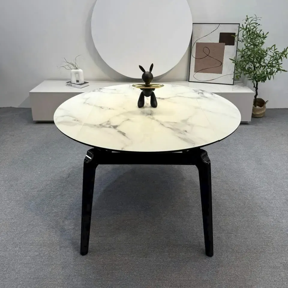 Toàn cảnh bàn ăn tròn thông minh mặt đá Ceramic trắng