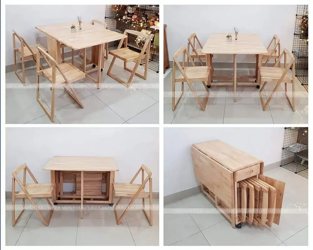 Bàn ăn xếp gọn thiết kế có bánh xe gỗ tự nhiên dài 1.2m màu vân gỗ