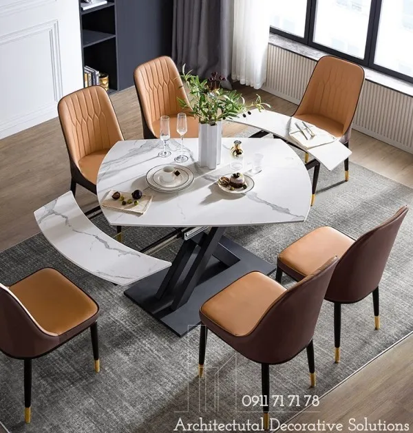 Bàn ăn tròn thông minh mặt đá với mâm xoay tiện lợi