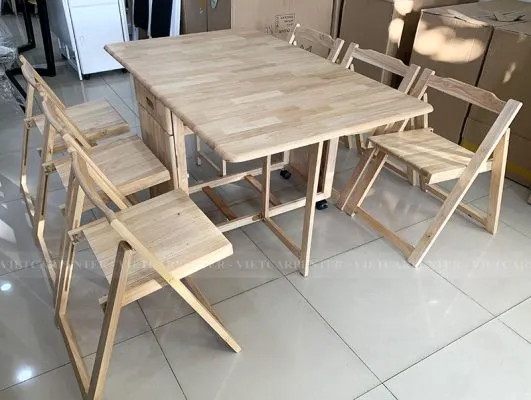 Bàn ghế ăn thông minh xếp gọn 6 ghế gỗ tự nhiên