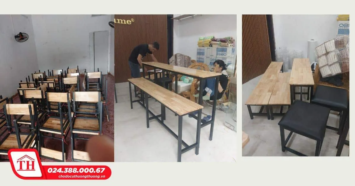 Mẫu bàn ghế cho quán ăn làm bằng chân sắt, mặt gỗ, thiết kế hiện đại