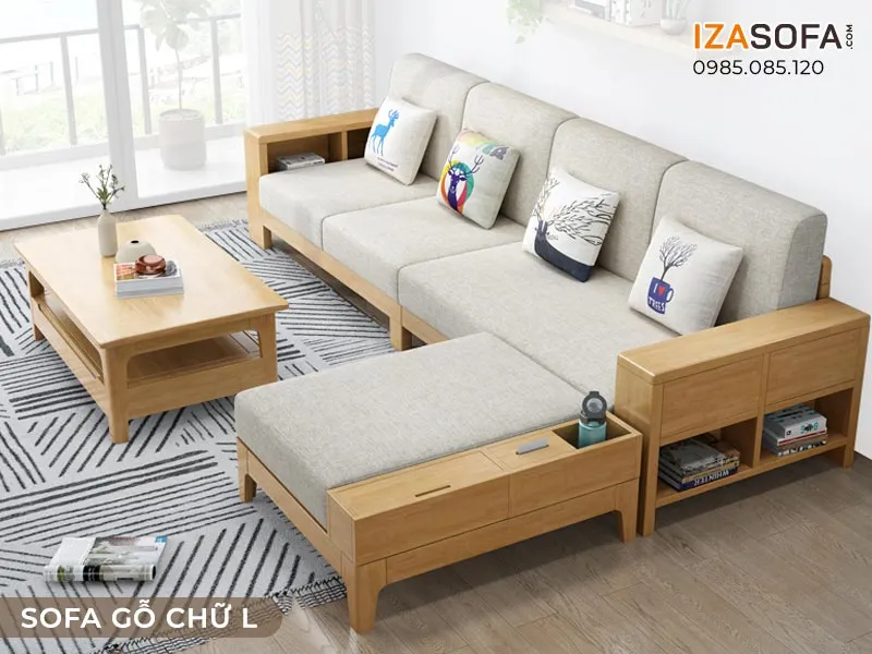 Bộ bàn ghế gỗ chữ L đẹp kèm bàn trà lớn