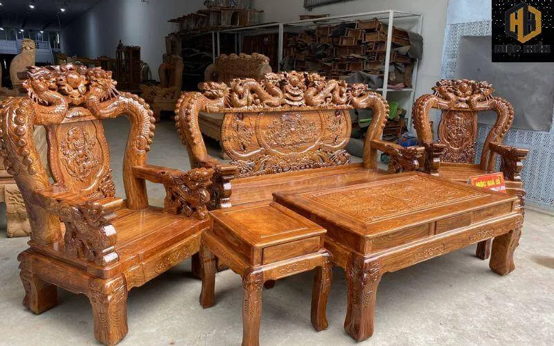 Bộ bàn ghế gỗ hương Nam Phi chạm rồng tinh xảo