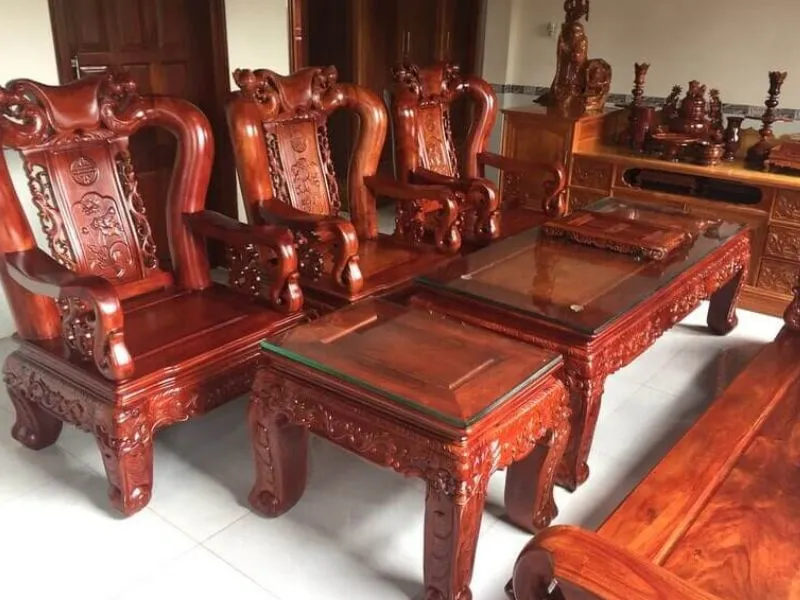 Bộ bàn ghế gỗ gõ đỏ tay 12 cao cấp, bề thế