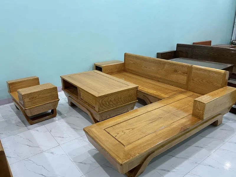 Mẫu bàn ghế gỗ sồi kiểu chữ L với đệm bọc da