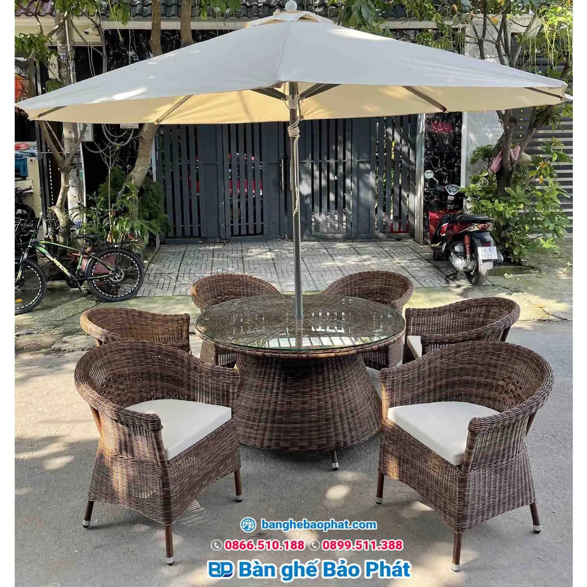 bộ bàn ghế ngồi ngoài trời nhựa giả mây 6 người hiện đại