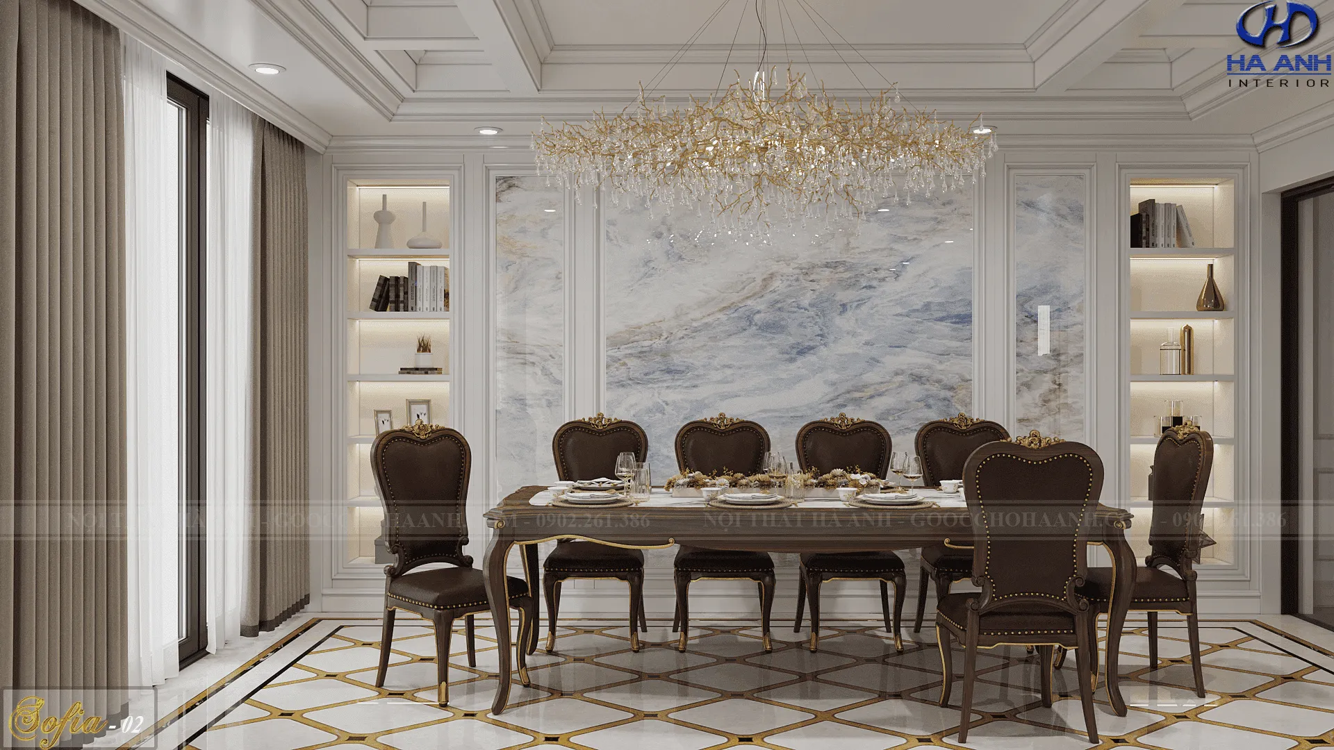 Bàn ăn tân cổ điển với ghế bọc nệm