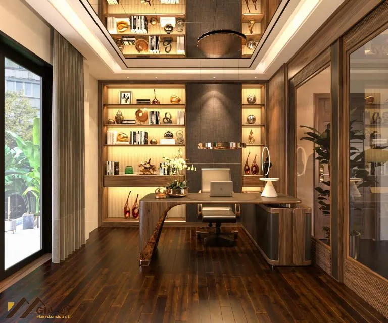 Bàn giám đốc gỗ óc chó có đường cong mềm mại và ngăn kéo tích hợp